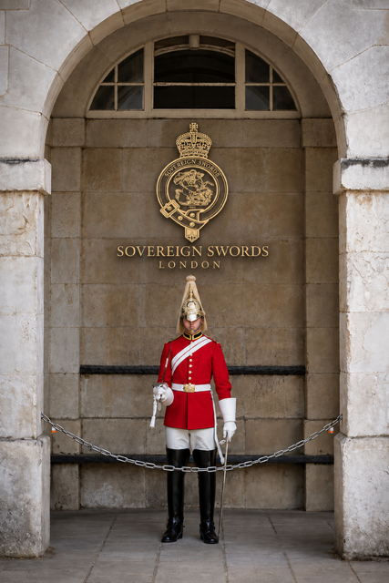 A ceremonial guard beneath the Sovereign Swords crest